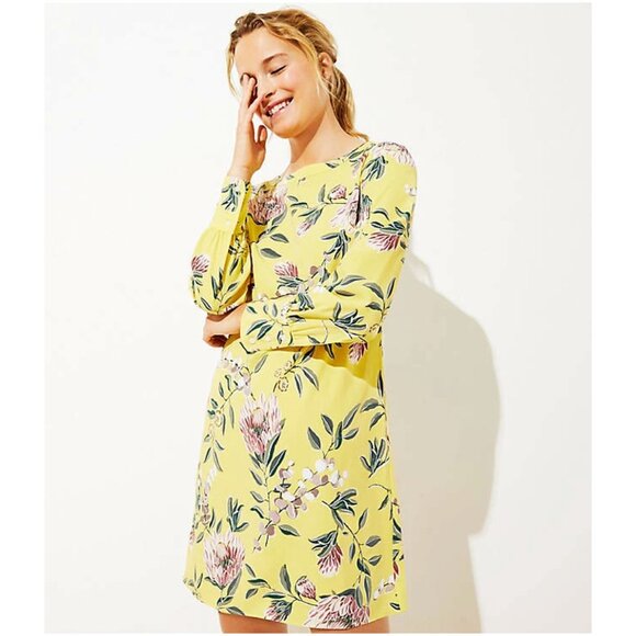 Loft Long Sleeve Yellow Floral Boatneck Shift Dress - Picture 1 of 8
